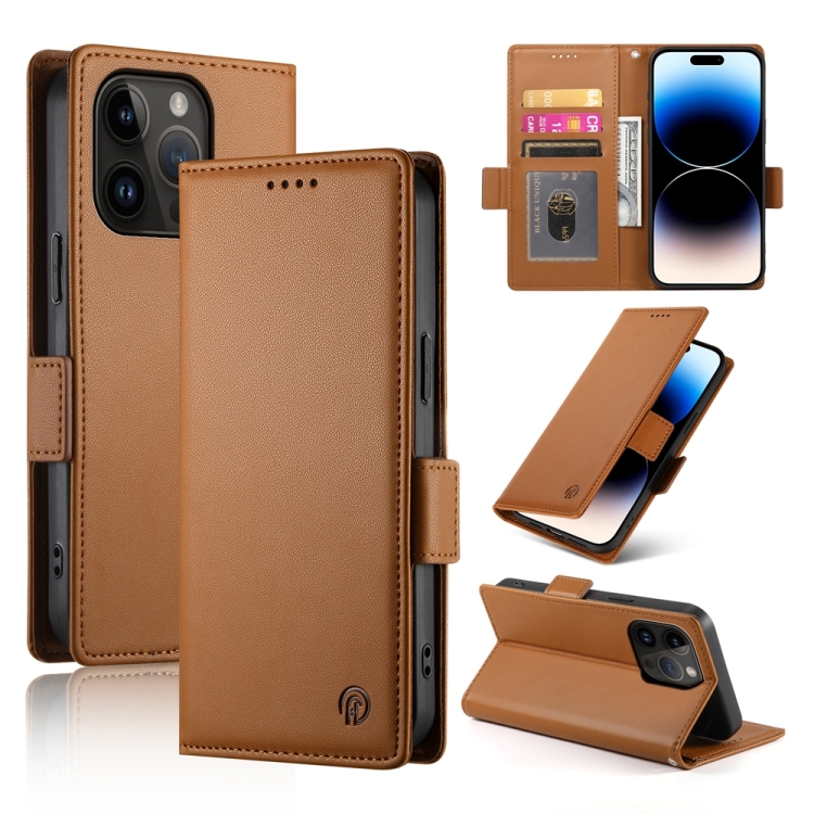 

For iPhone 14 Pro Side Buckle Magnetic Frosted Leather Phone Case(Brown)