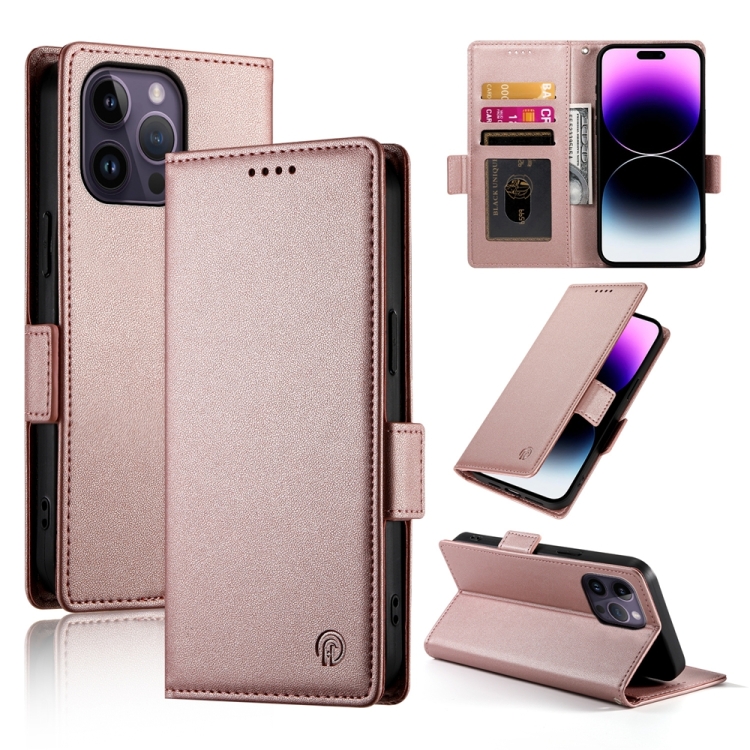 

For iPhone 14 Pro Max Side Buckle Magnetic Frosted Leather Phone Case(Rose Gold)