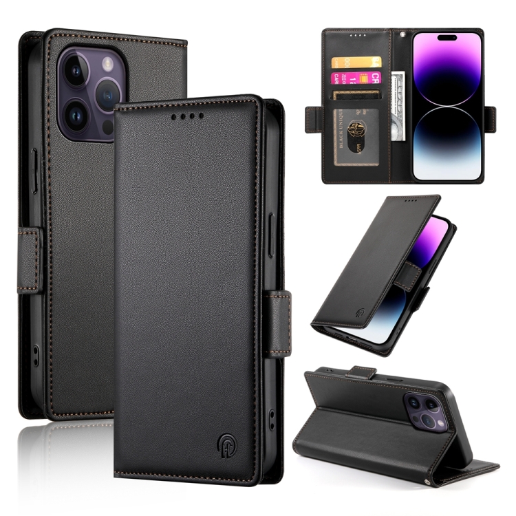 

For iPhone 14 Pro Max Side Buckle Magnetic Frosted Leather Phone Case(Black)