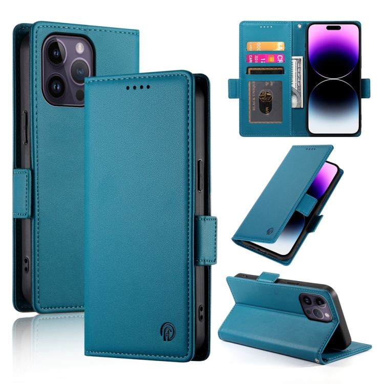 

For iPhone 14 Pro Max Side Buckle Magnetic Frosted Leather Phone Case(Blue)