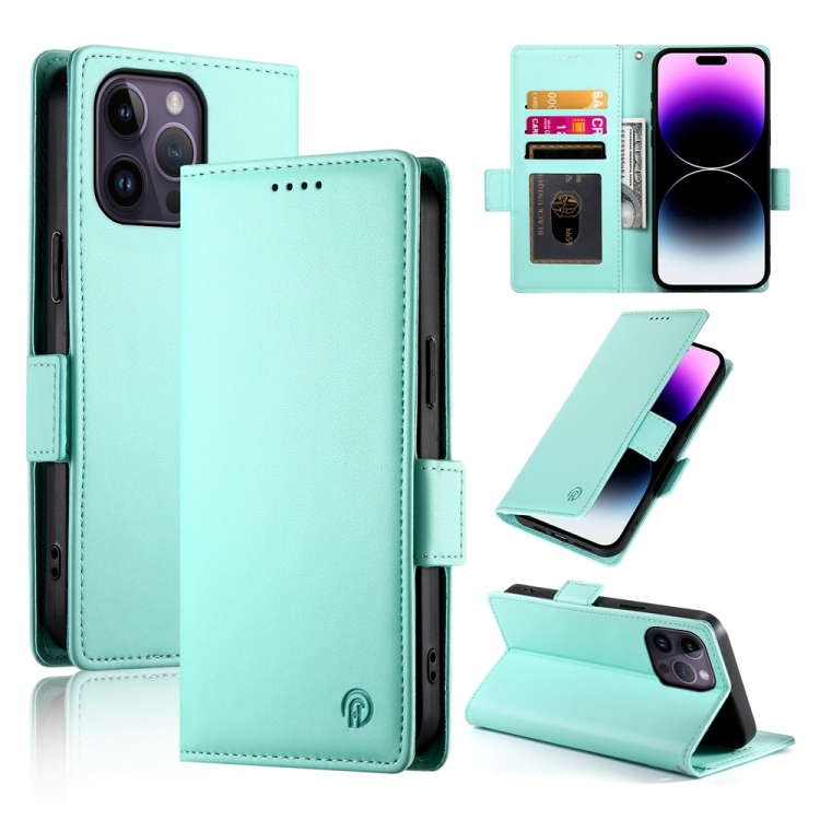 

For iPhone 14 Pro Max Side Buckle Magnetic Frosted Leather Phone Case(Mint Green)