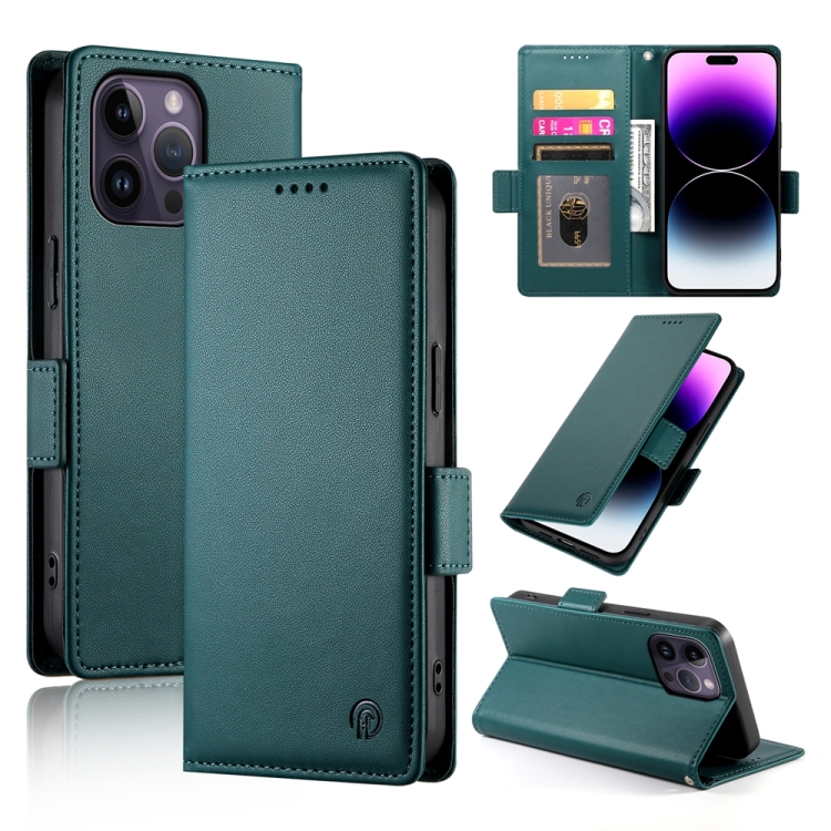 

For iPhone 14 Pro Max Side Buckle Magnetic Frosted Leather Phone Case(Dark Green)