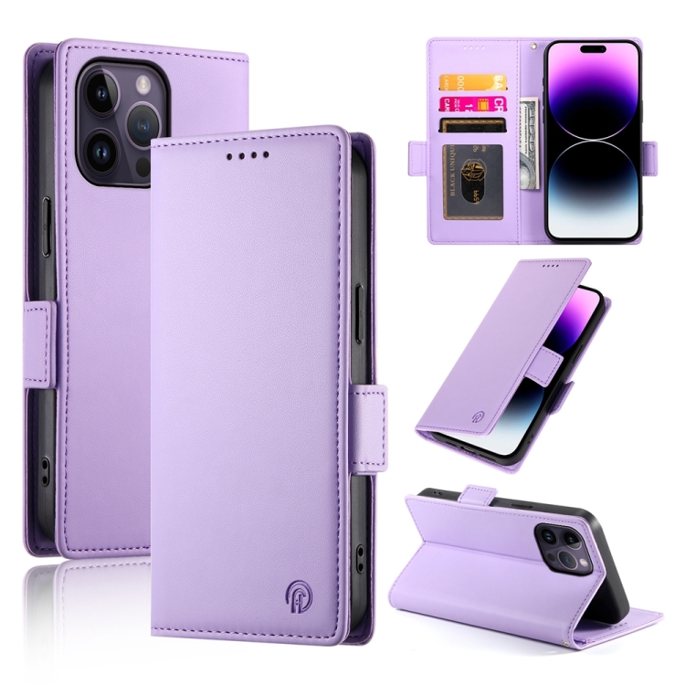

For iPhone 14 Pro Max Side Buckle Magnetic Frosted Leather Phone Case(Purple)