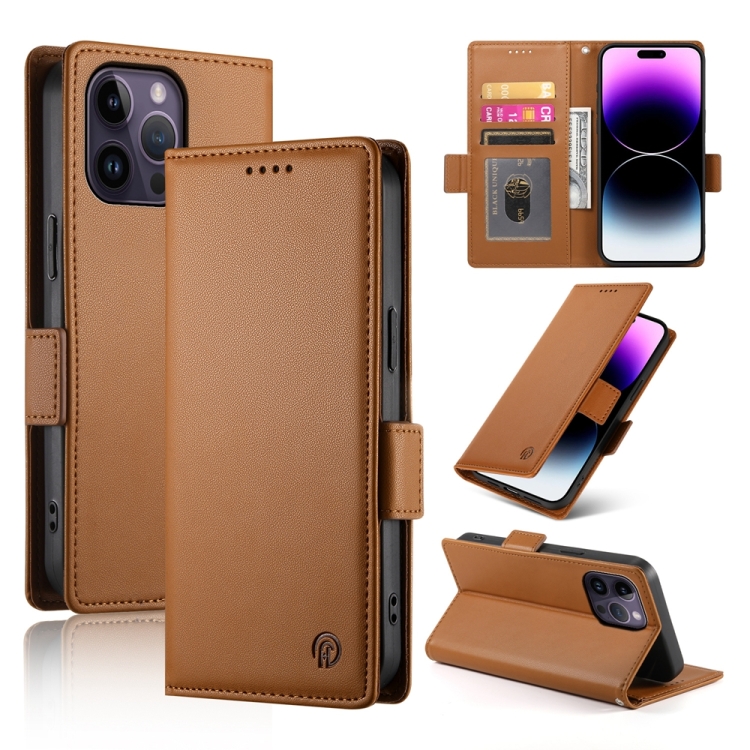 

For iPhone 14 Pro Max Side Buckle Magnetic Frosted Leather Phone Case(Brown)