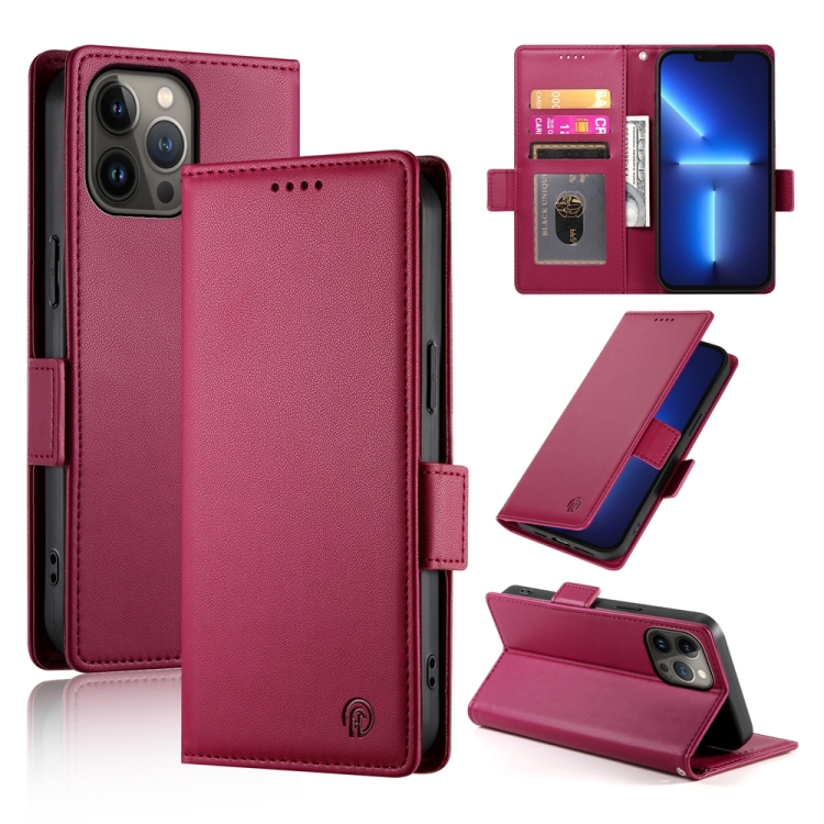 

For iPhone 13 Pro Max Side Buckle Magnetic Frosted Leather Phone Case(Wine Red)