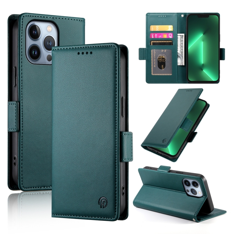 

For iPhone 13 Pro Side Buckle Magnetic Frosted Leather Phone Case(Dark Green)