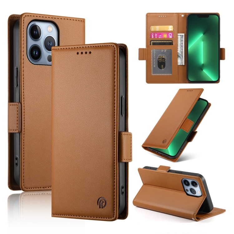 

For iPhone 13 Pro Side Buckle Magnetic Frosted Leather Phone Case(Brown)