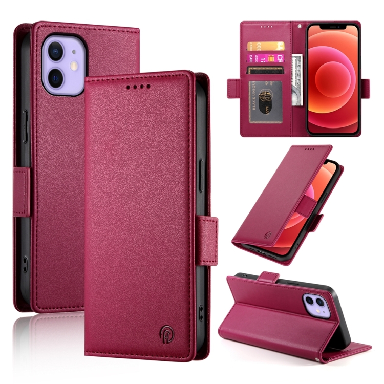 

For iPhone 12 / 12 Pro Side Buckle Magnetic Frosted Leather Phone Case(Wine Red)