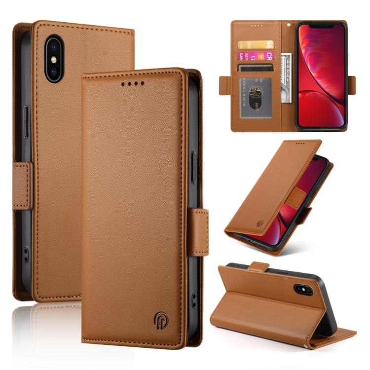 

For iPhone X / XS Side Buckle Magnetic Frosted Leather Phone Case(Brown)