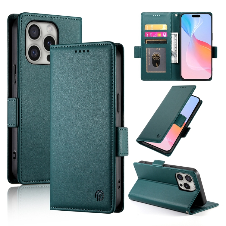 

For iPhone 16 Pro Side Buckle Magnetic Frosted Leather Phone Case(Dark Green)