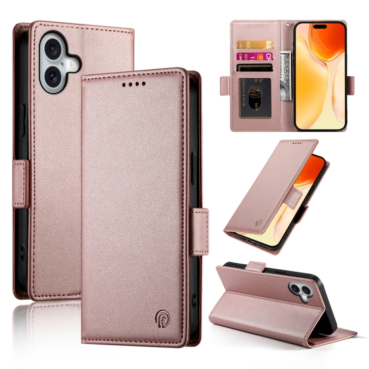 

For iPhone 16 Plus Side Buckle Magnetic Frosted Leather Phone Case(Rose Gold)