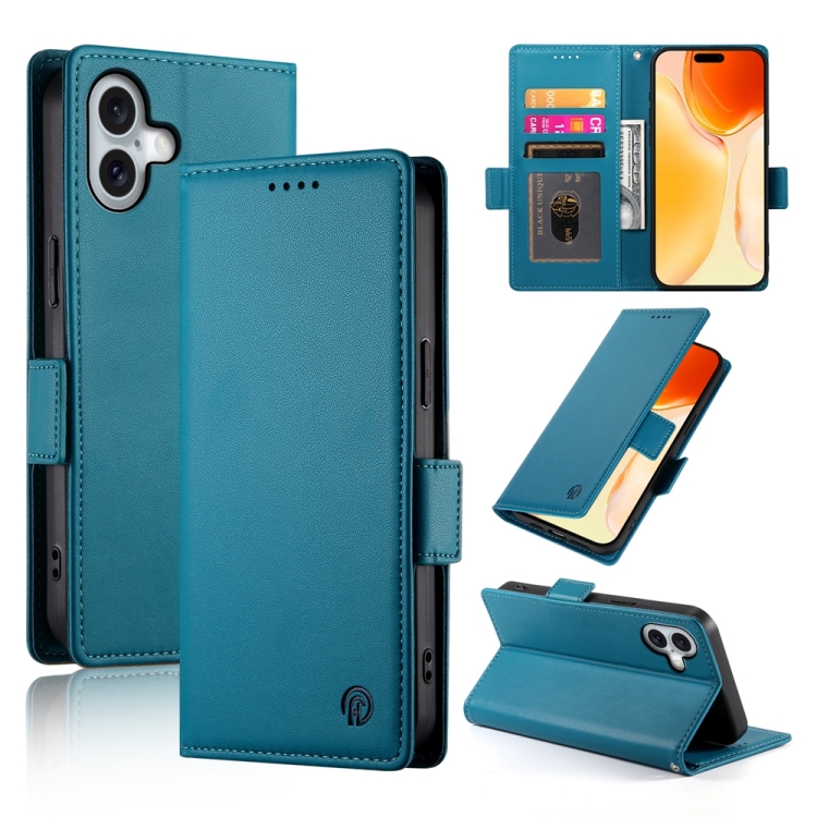 

For iPhone 16 Plus Side Buckle Magnetic Frosted Leather Phone Case(Blue)
