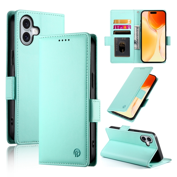 

For iPhone 16 Plus Side Buckle Magnetic Frosted Leather Phone Case(Mint Green)