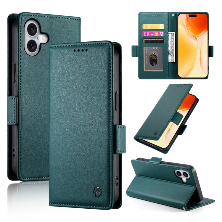 

For iPhone 16 Plus Side Buckle Magnetic Frosted Leather Phone Case(Dark Green)