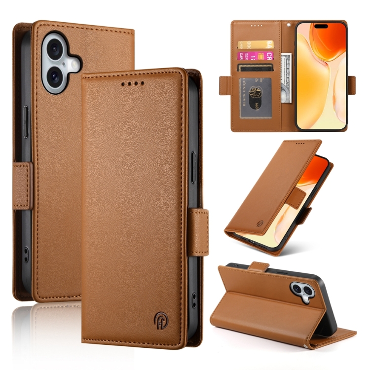 

For iPhone 16 Plus Side Buckle Magnetic Frosted Leather Phone Case(Brown)