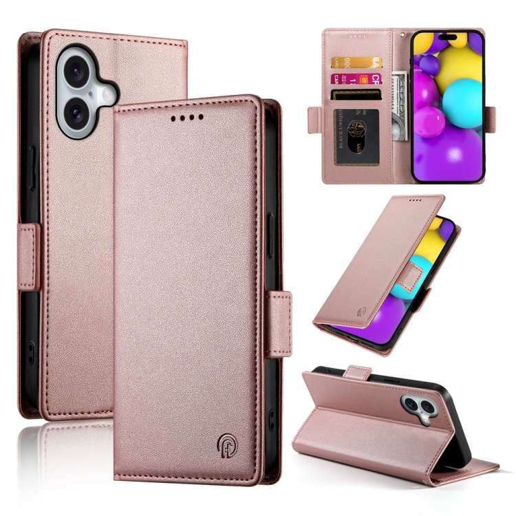 

For iPhone 16 Side Buckle Magnetic Frosted Leather Phone Case(Rose Gold)