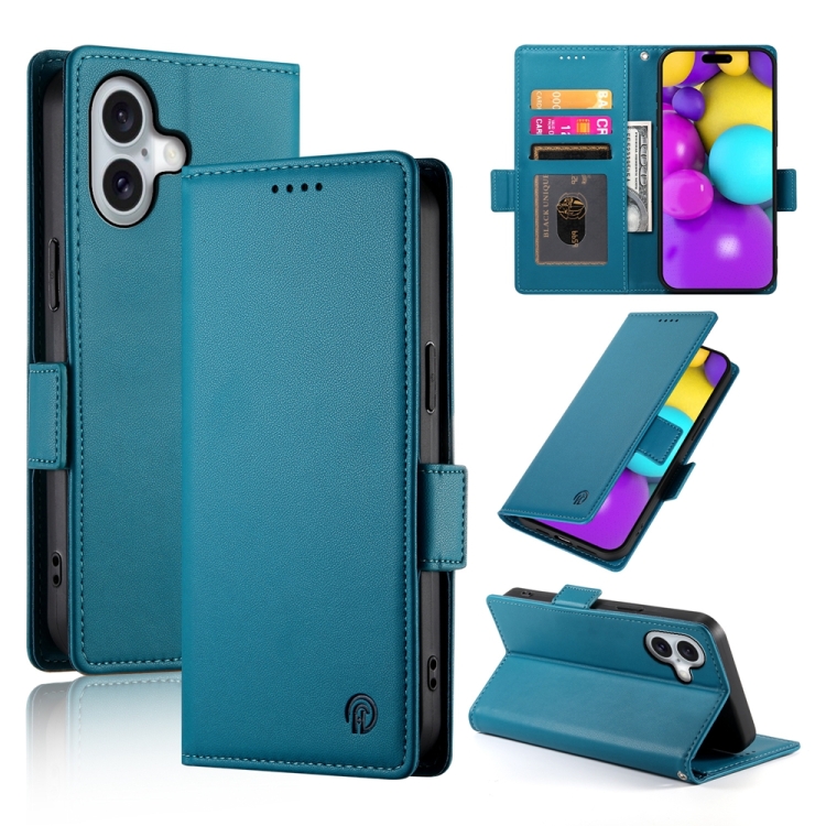 

For iPhone 16 Side Buckle Magnetic Frosted Leather Phone Case(Blue)