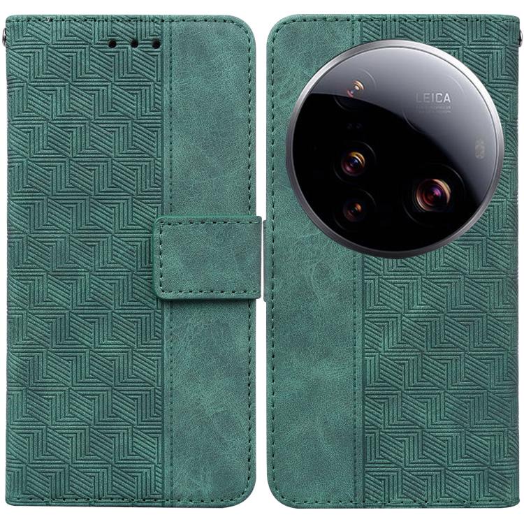 

For Xiaomi 15 Ultra Geometric Embossed Leather Phone Case(Green)