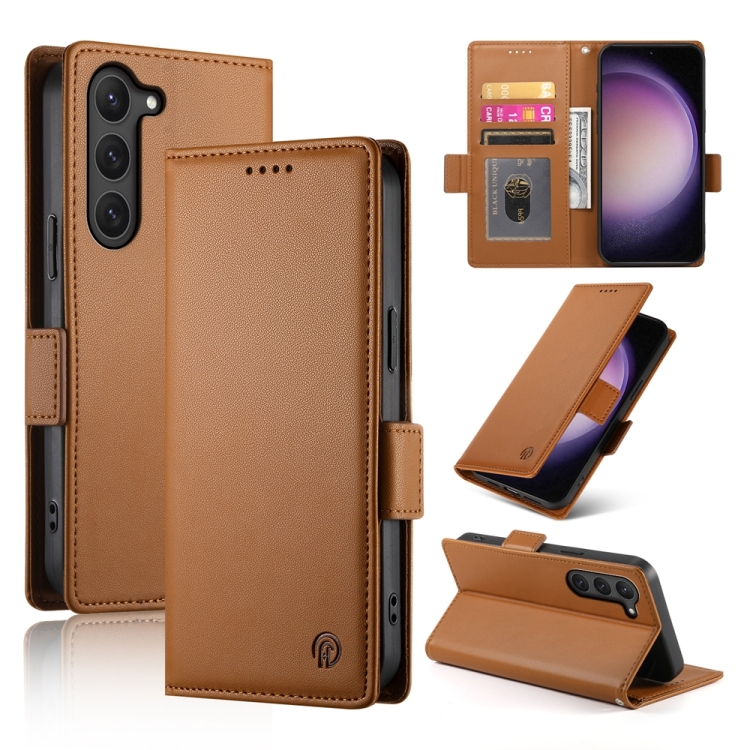 

For Samsung Galaxy S23 5G Side Buckle Magnetic Frosted Leather Phone Case(Brown)