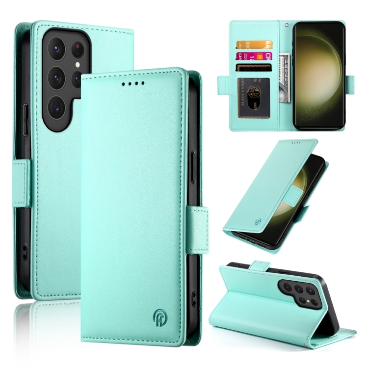 

For Samsung Galaxy S23 Ultra 5G Side Buckle Magnetic Frosted Leather Phone Case(Mint Green)