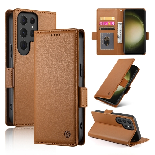 

For Samsung Galaxy S23 Ultra 5G Side Buckle Magnetic Frosted Leather Phone Case(Brown)