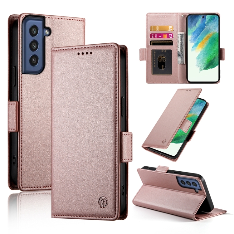 

For Samsung Galaxy S21 FE 5G Side Buckle Magnetic Frosted Leather Phone Case(Rose Gold)