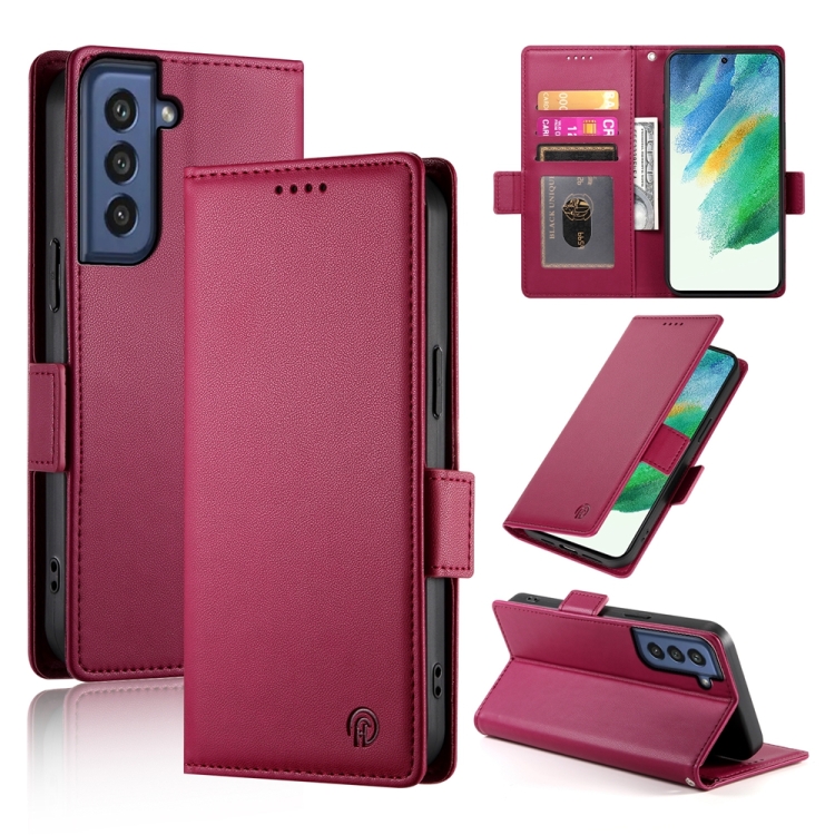

For Samsung Galaxy S21 FE 5G Side Buckle Magnetic Frosted Leather Phone Case(Wine Red)