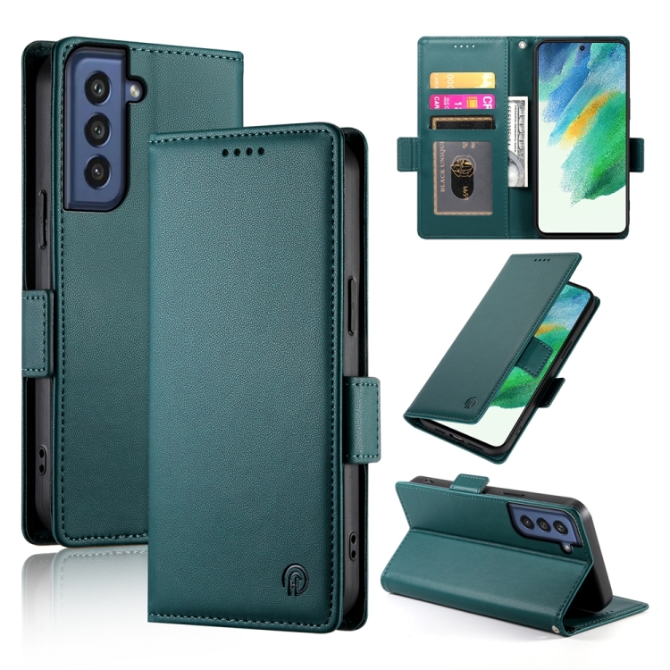 

For Samsung Galaxy S21 FE 5G Side Buckle Magnetic Frosted Leather Phone Case(Dark Green)