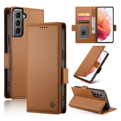 

For Samsung Galaxy S21 5G Side Buckle Magnetic Frosted Leather Phone Case(Brown)