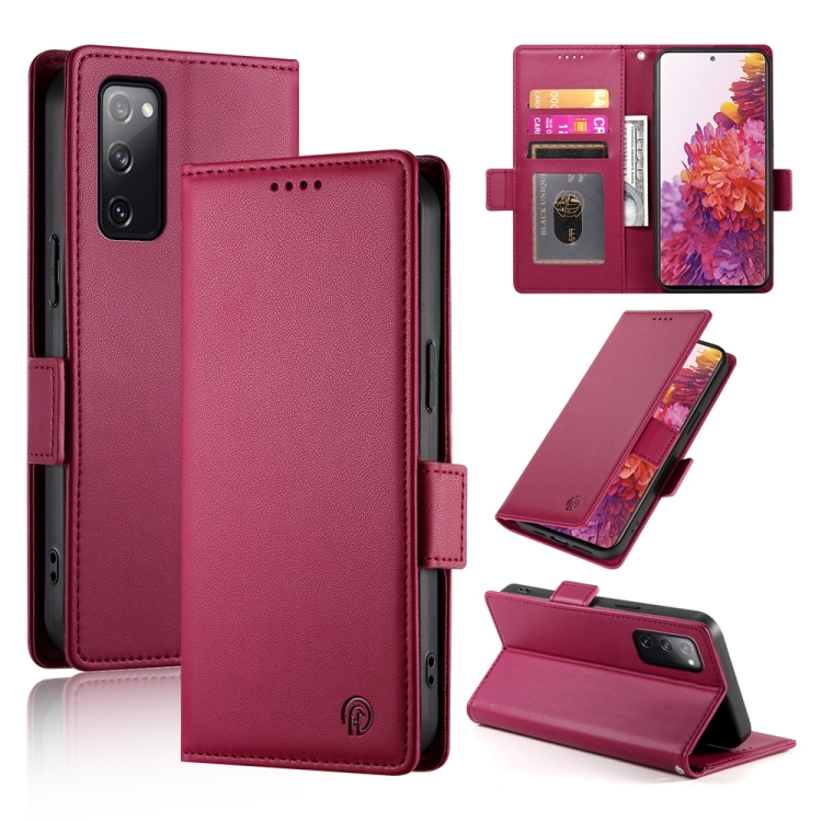 

For Samsung Galaxy S20 FE 5G Side Buckle Magnetic Frosted Leather Phone Case(Wine Red)