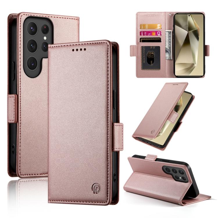 

For Samsung Galaxy S25 Ultra 5G Side Buckle Magnetic Frosted Leather Phone Case(Rose Gold)