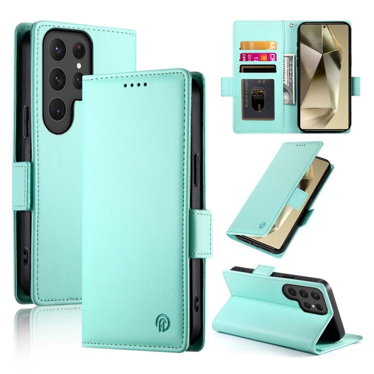 

For Samsung Galaxy S25 Ultra 5G Side Buckle Magnetic Frosted Leather Phone Case(Mint Green)