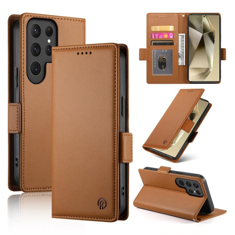 

For Samsung Galaxy S25 Ultra 5G Side Buckle Magnetic Frosted Leather Phone Case(Brown)