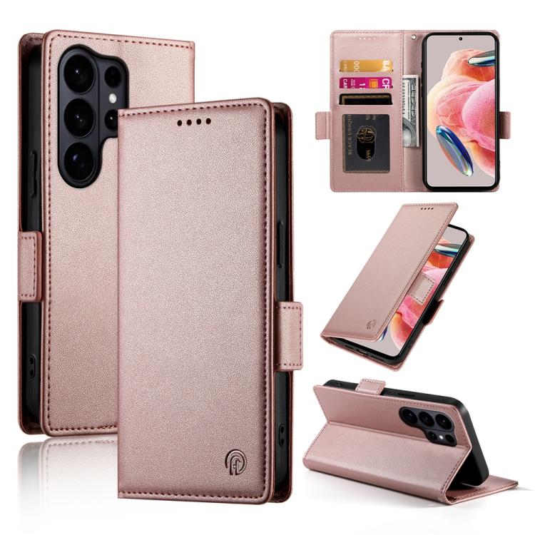 

For Samsung Galaxy S26 Ultra 5G Side Buckle Magnetic Frosted Leather Phone Case(Rose Gold)