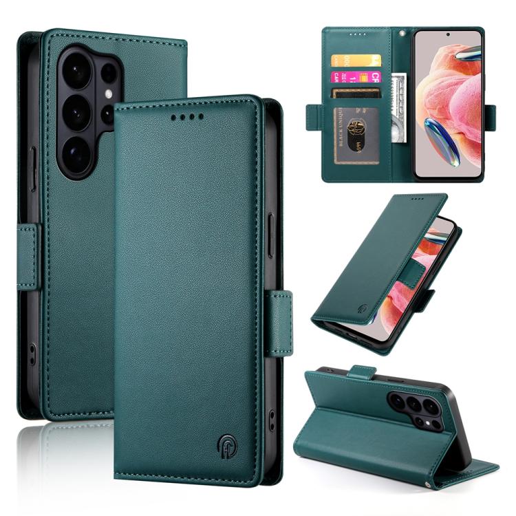 

For Samsung Galaxy S26 Ultra 5G Side Buckle Magnetic Frosted Leather Phone Case(Dark Green)