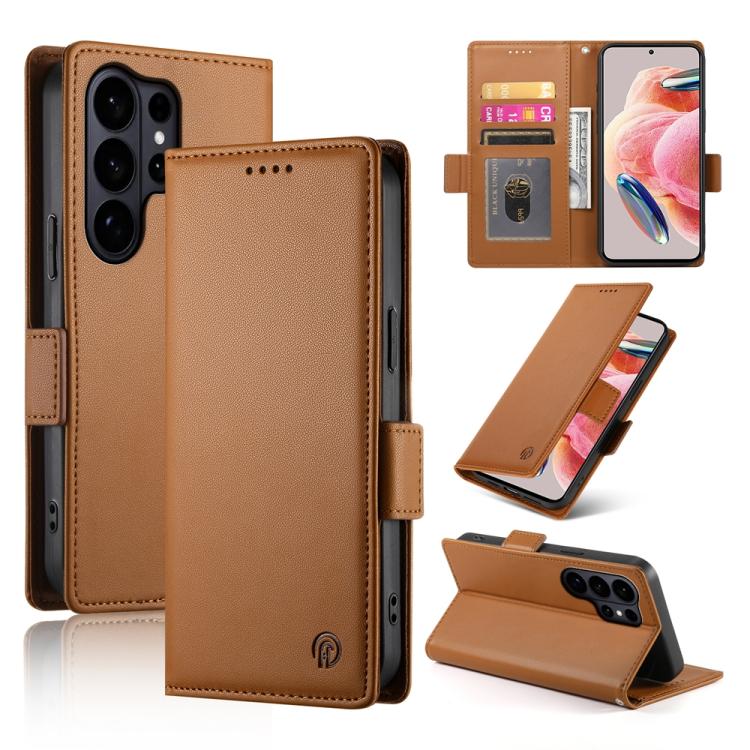 

For Samsung Galaxy S26 Ultra 5G Side Buckle Magnetic Frosted Leather Phone Case(Brown)