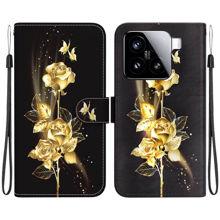 

For Xiaomi 15 Crystal Texture Colored Drawing Leather Phone Case(Gold Butterfly Rose)