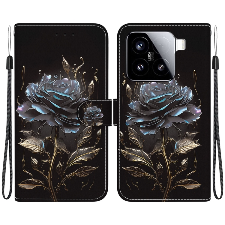 

For Xiaomi 15 Crystal Texture Colored Drawing Leather Phone Case(Black Rose)