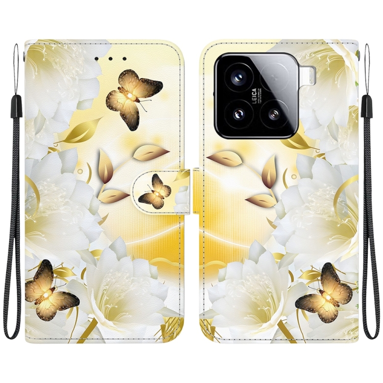 

For Xiaomi 15 Crystal Texture Colored Drawing Leather Phone Case(Gold Butterfly Epiphyllum)