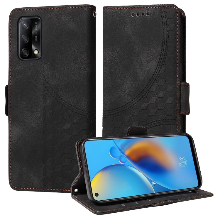 

For OPPO A74 4G / F19 4G Embossed Rhombus Starry Leather Phone Case(Black)