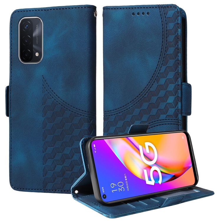 

For OPPO A74 5G / A54 5G Embossed Rhombus Starry Leather Phone Case(Blue)