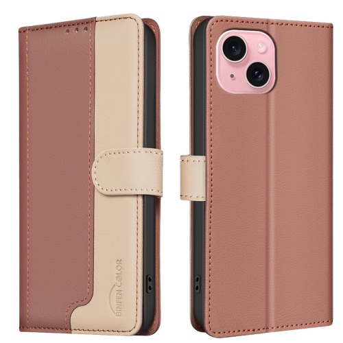 

For iPhone 15 Plus / 14 Plus Color Matching RFID Anti-theft Leather Phone Case(Brown)