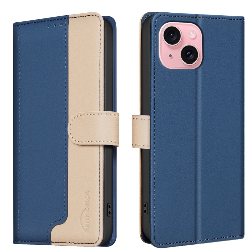 

For iPhone 15 Plus / 14 Plus Color Matching RFID Anti-theft Leather Phone Case(Blue)