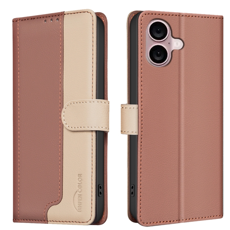

For iPhone 16 Plus Color Matching RFID Anti-theft Leather Phone Case(Brown)