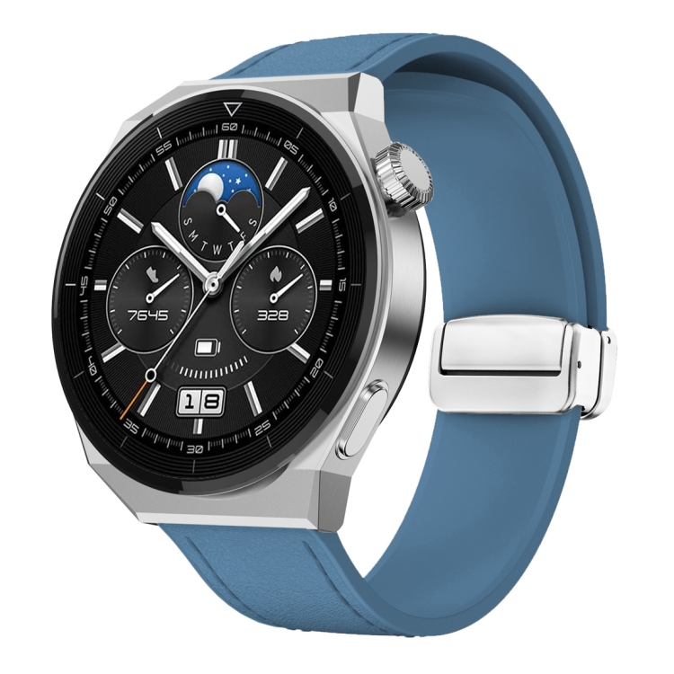 

22mm Magnetic Silver Buckle Silicone Leather Watch Band(Blue)