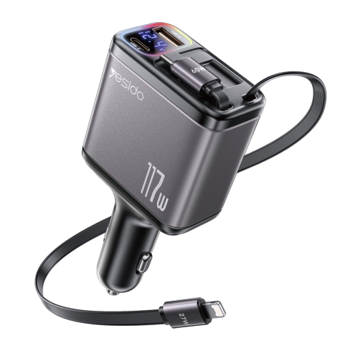 

Yesido Y63 4 in 1 117W USB-C / Type-C+USB Multifunctional Retractable Dual Line Digital Display Car Fast Charger(Black)