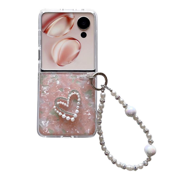 

For Honor Magic V Flip 2 Pearlescent Shell Texture Heart Pattern Phone Case with Bracelet(Pink)