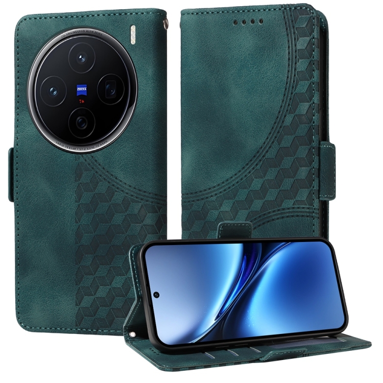 

For vivo X200 Embossed Rhombus Starry Leather Phone Case(Green)