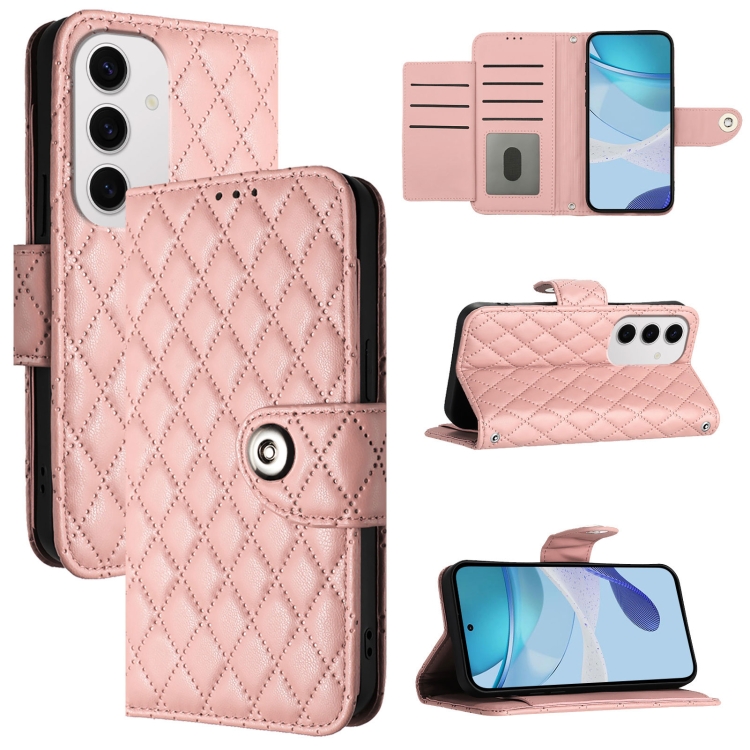 

For Samsung Galaxy S24 FE 5G Rhombic Texture Flip Leather Phone Case with Lanyard(Coral Pink)