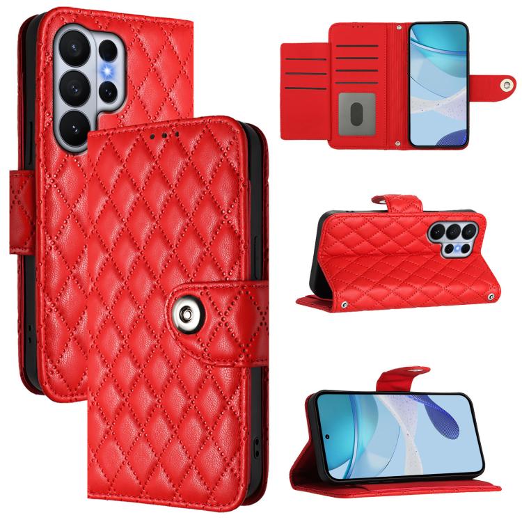 

For Samsung Galaxy S26 Ultra 5G Rhombic Texture Flip Leather Phone Case with Lanyard(Red)